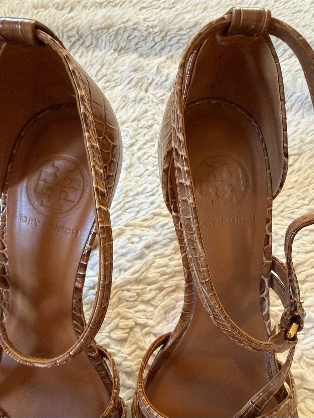Tory Burch Cognac Croc-Embossed Strappy Heels size 8M